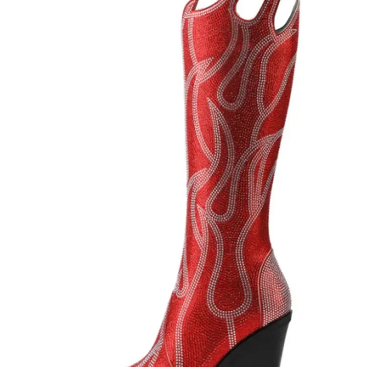 New Women's Rhinestone Flame Ankle Boots Fashion Square Head High Heels Western Boots Party Dress 43 Large Short Boots Red long style