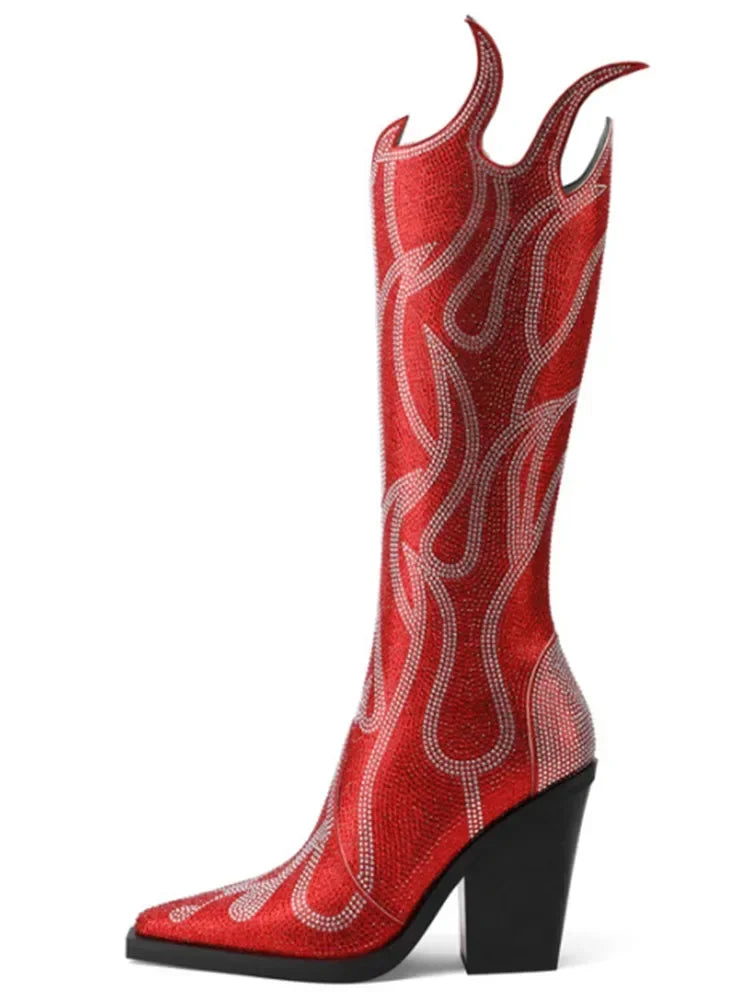 New Women's Rhinestone Flame Ankle Boots Fashion Square Head High Heels Western Boots Party Dress 43 Large Short Boots Red long style