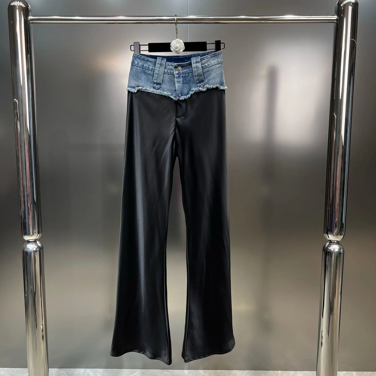 DEAT Denim Patchwork Straight Pants Women's High Waist Slim Personality Streetwear Versatile Trousers 2023 Summer New 11XX4063 black