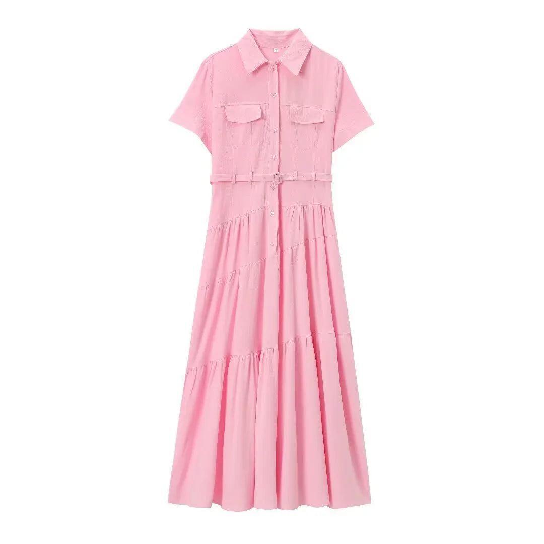 CM.YAYA Women Short Sleeve Single Breasted Belt Long Maxi Dress 2025 Street Birthday Evening Sexy Party Shirt Dresses Vestidos