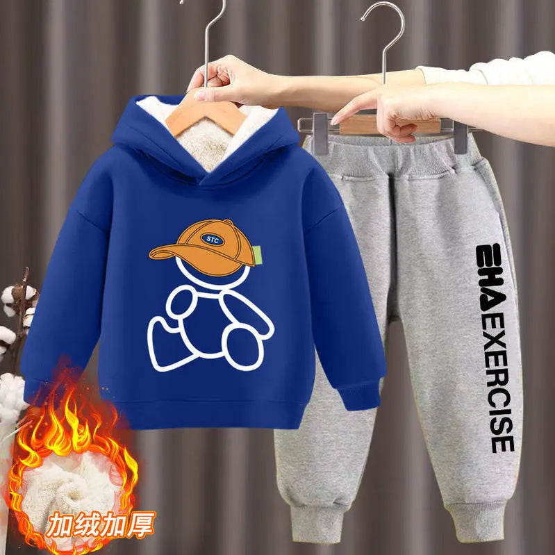 Boys Girls Clothes Hoodies Trousers Sets New Kids Cartoon Autumn Winter Long Sleeve Fleece Warm Sweatshirts Outfits 2Pcs 2-12Y 2pcs Blue B