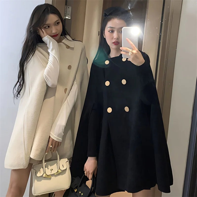 Fashion wol ponco mantel untuk wanita musim gugur musim dingin musim dingin jubah jubah solid mantel overcoat longgar jaket kerah double double