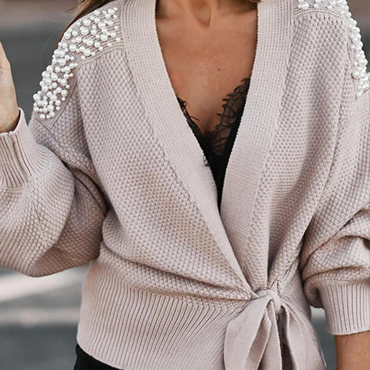 Women Pearls Sweater Cardigans Bowknot Knit Cardiagn Tops Plus Size Sweater Coat Short Outwear