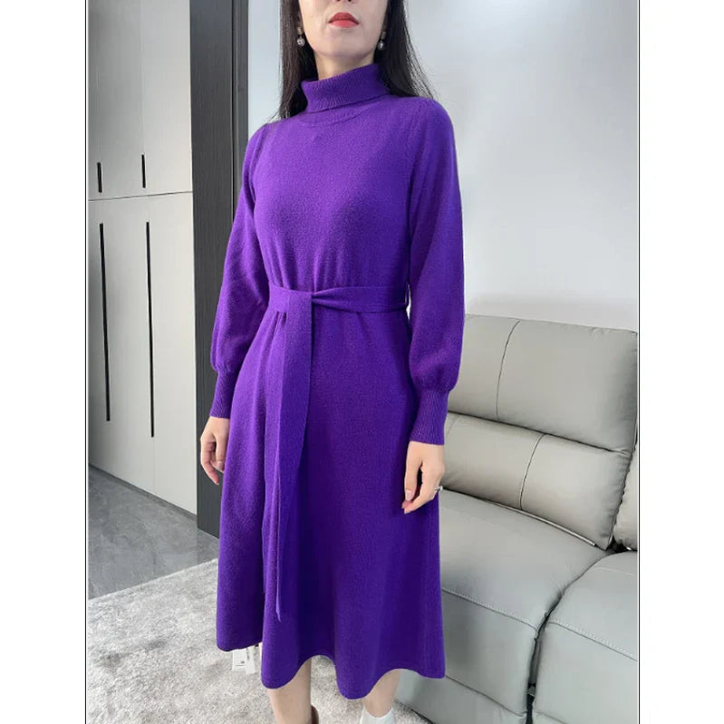 Dress Women's Autumn and Winter Knitted Thickened High Neck Long Sleeve Solid Color with Coat Medium Long Warm Fashion Elegant Electric Purple