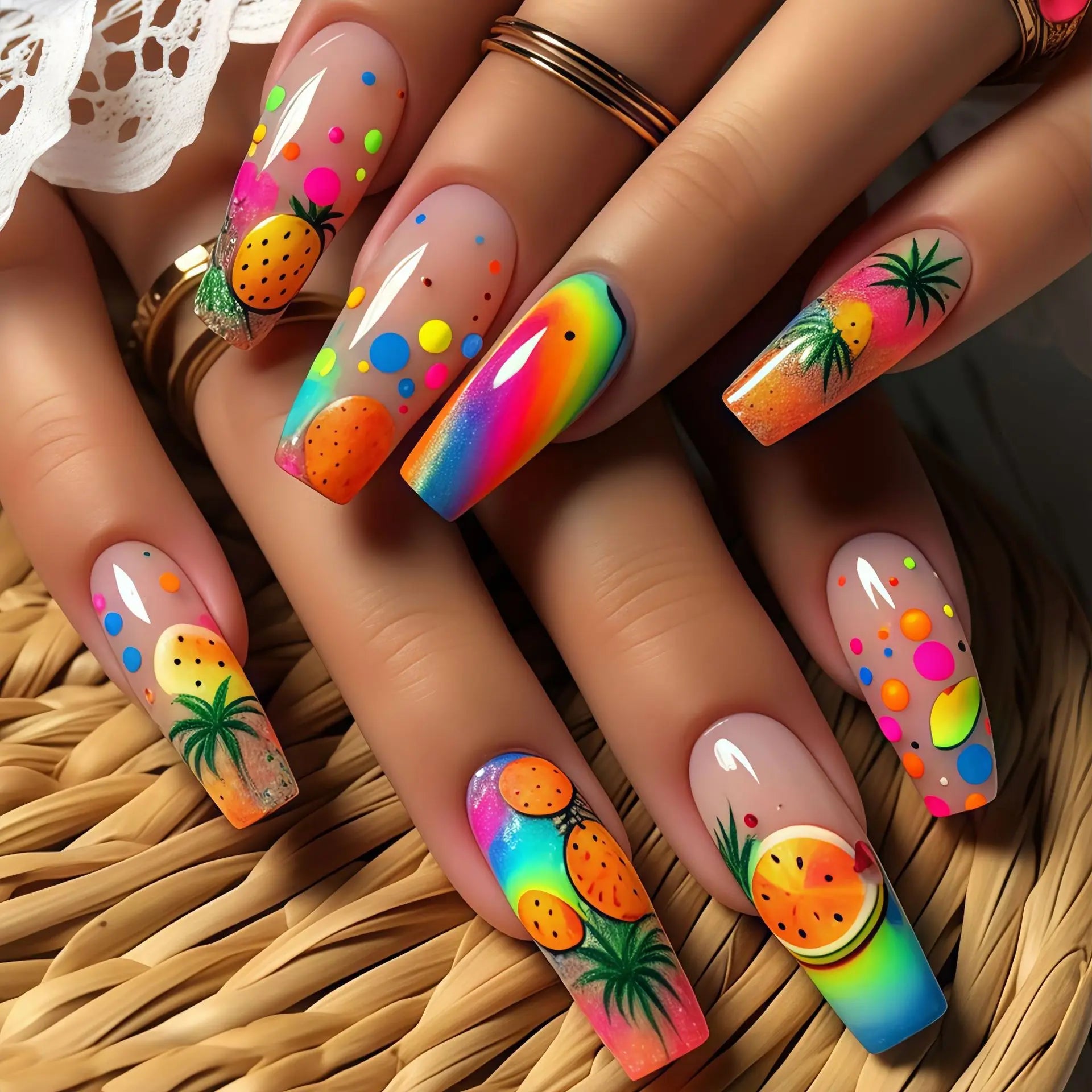 24Pcs Green Colorful Press on Fake Nails with Watermelon Lemon Pattern Manicure Set Plant Flowers Design Long Ballet False Nails