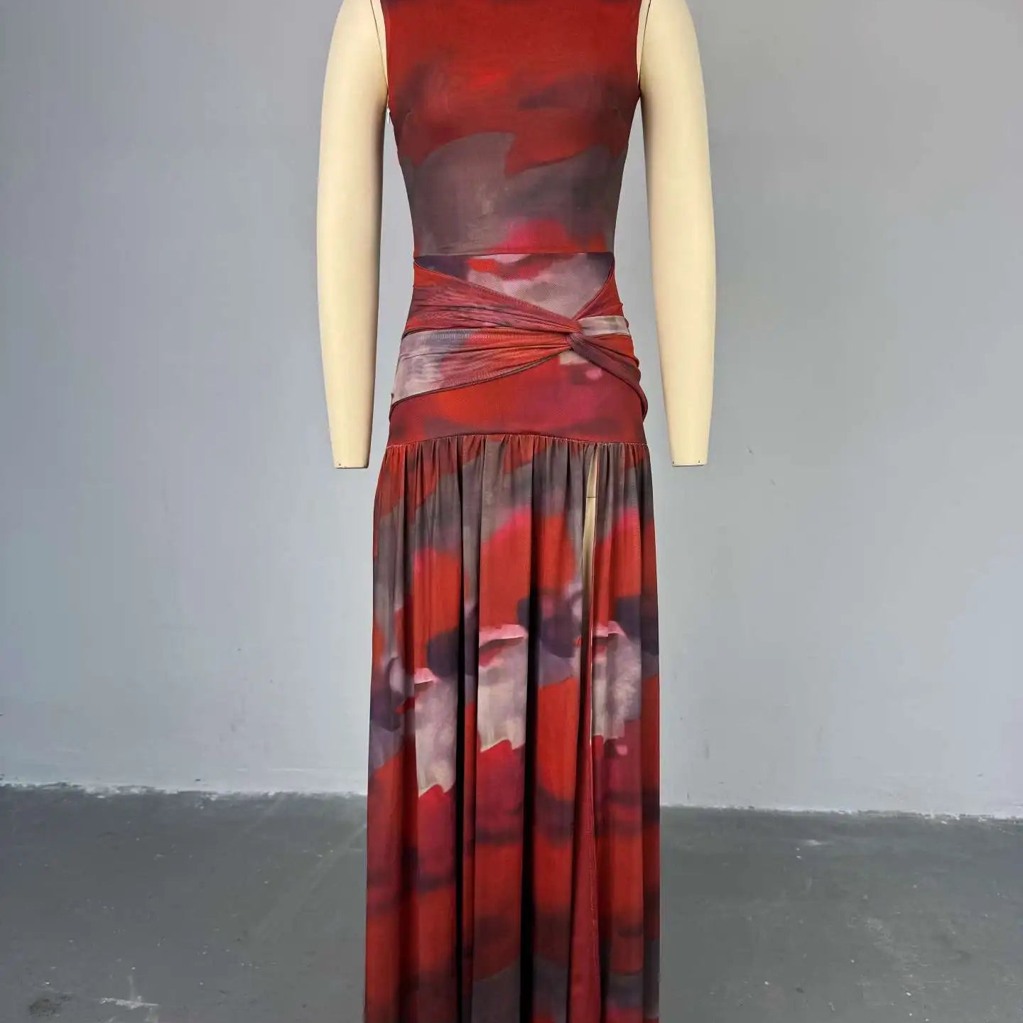 CM.YAYA Elegant Women Print Sleeveless Sweet O-neck Floor-Length Long Dress 2025 Beach Party Birthday Sexy Split Pleated Dresses