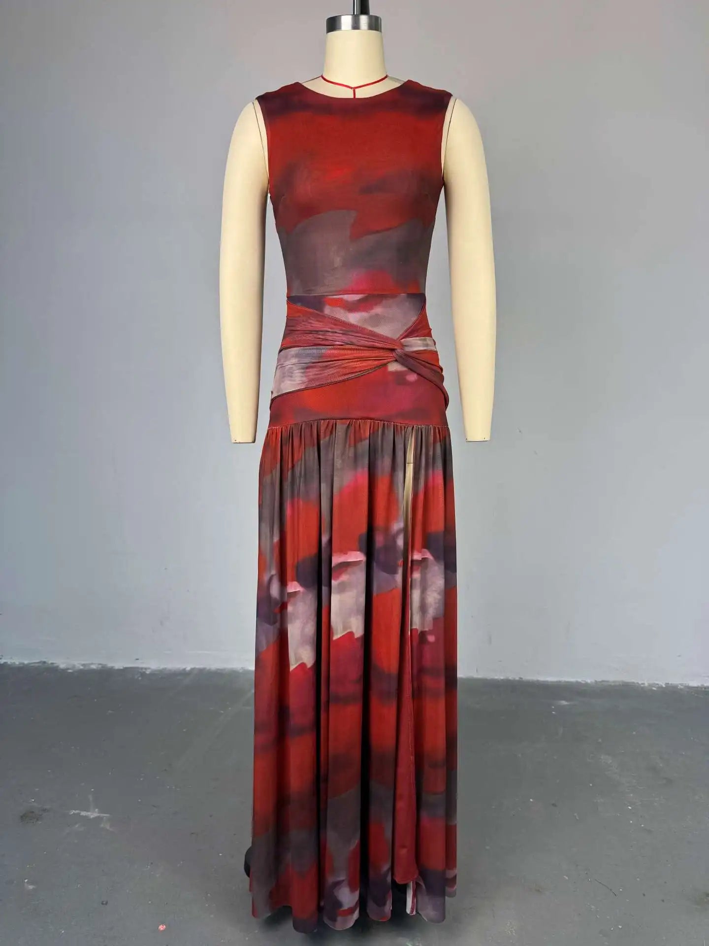 CM.YAYA Elegant Women Print Sleeveless Sweet O-neck Floor-Length Long Dress 2025 Beach Party Birthday Sexy Split Pleated Dresses