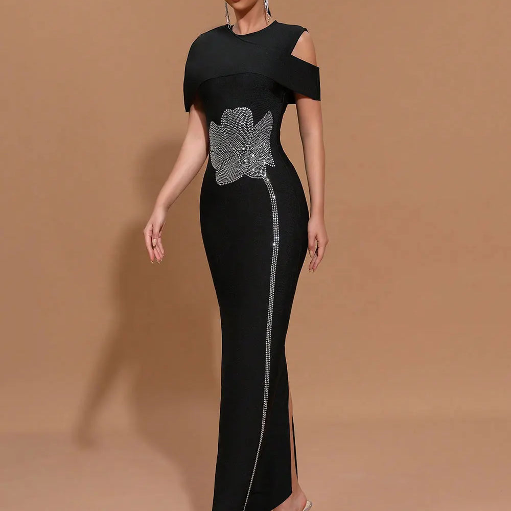 2025 Elegant Women Light Luxury Hot Diamond Flower Design Bandage Dress O-Neck Shoulder Bodycon Long Dress Evening Party Vestido