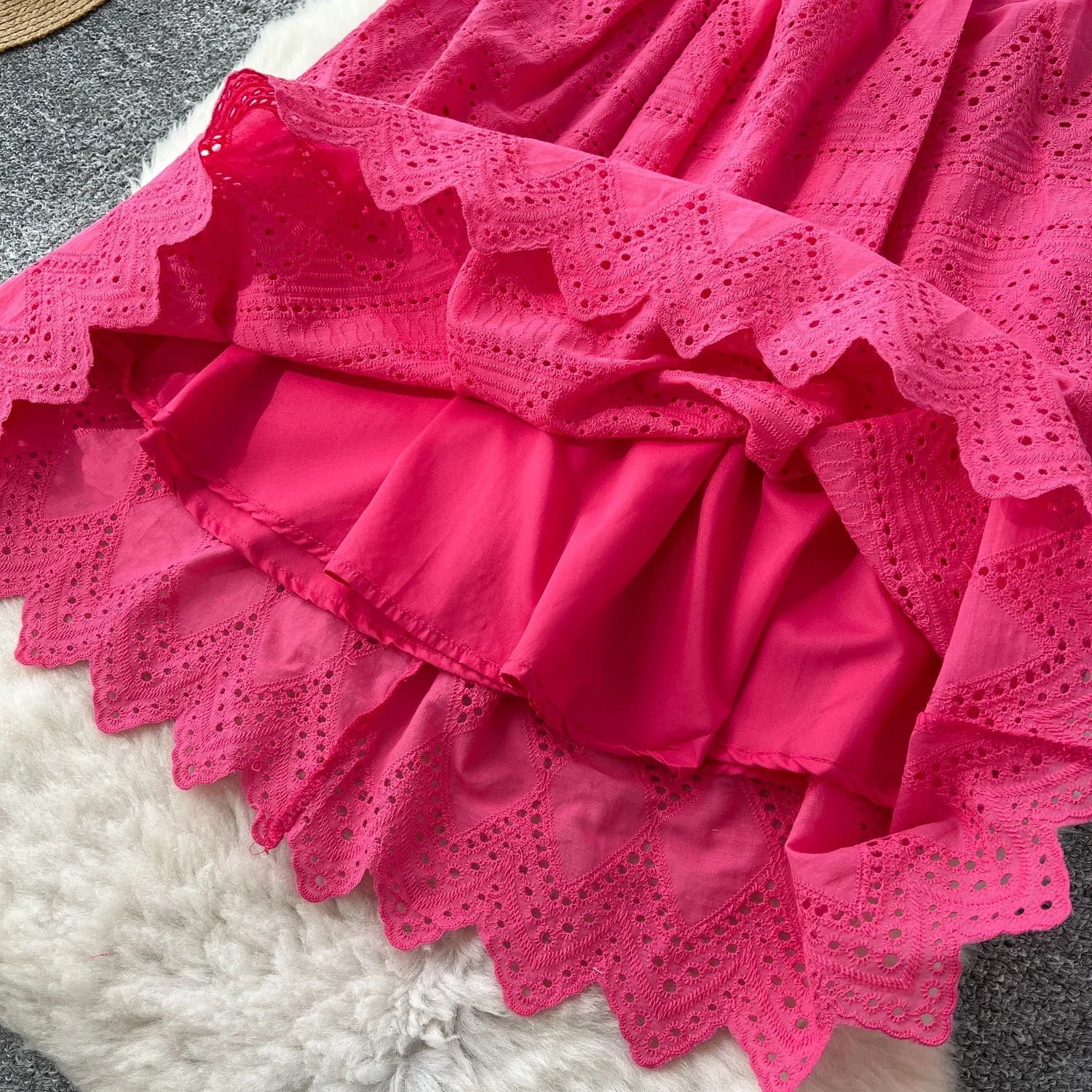 French Vintage O-neck sashes Hook flower hollow Short Sleeves Single Breasted Dress A-line Casual Women Fashion women clothing