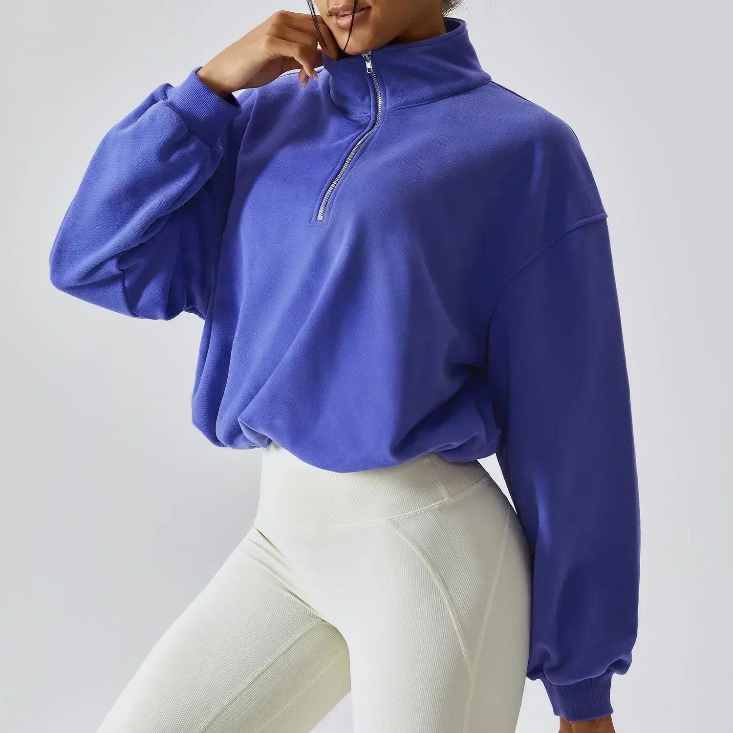 Yoga Pullover High Neck Fitness Sports Sweater Women's Running Rope Zipper Women's Loose Long sleeved Sweater ROYAL BLUE