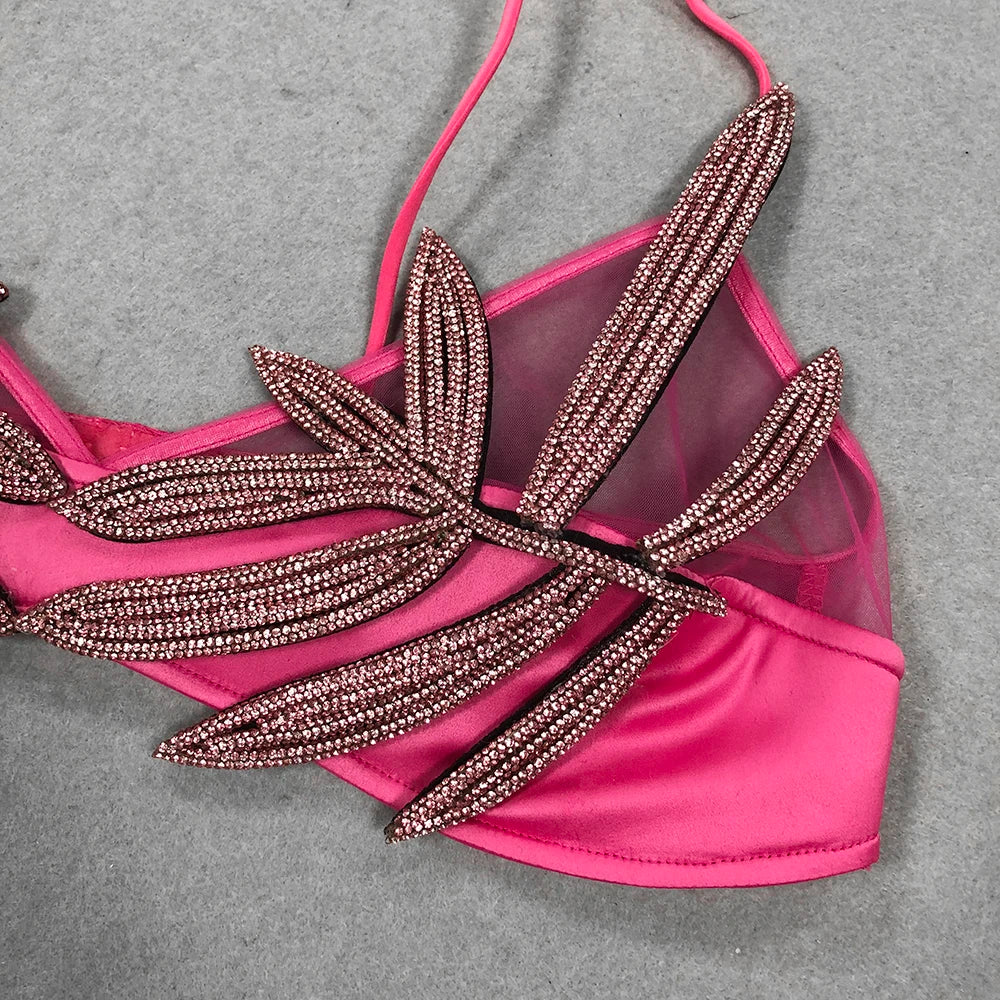 2025 Sexy Women'S Chiffon Patchwork Satin Diamond Studded Bra Top Spaghetti Strap Sleeveless Concealed Button Ultra Short Top