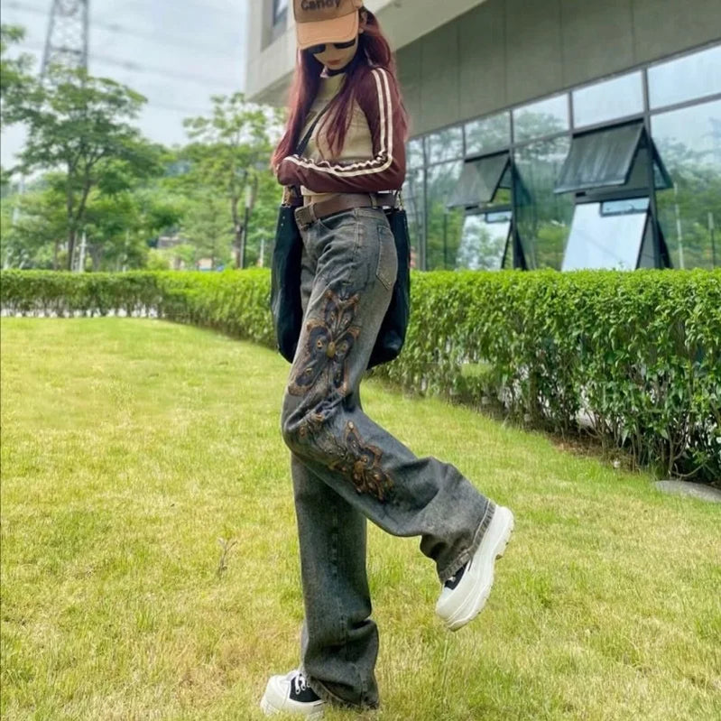 Summer Hollow Lace Jeans Women Panel Diamond Butterfly Feet Slim Fit Embroidered Long Pants Loose Hip Wrap Vintage Stretch 2024 Gold