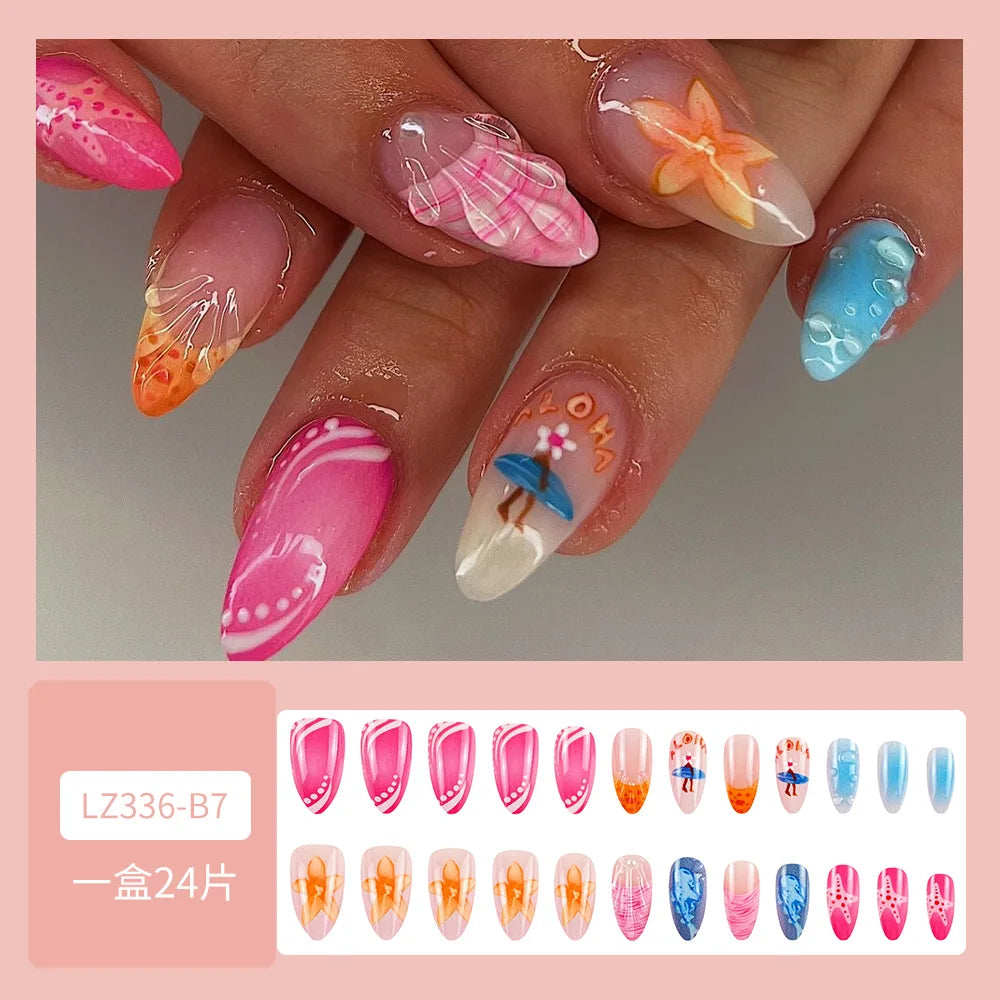 24pcs Sweet Pink Flower Press on Nails Ins Pink Blush Almond False Nails Wearable Reusable Fashion Korean Fake Nails for Women