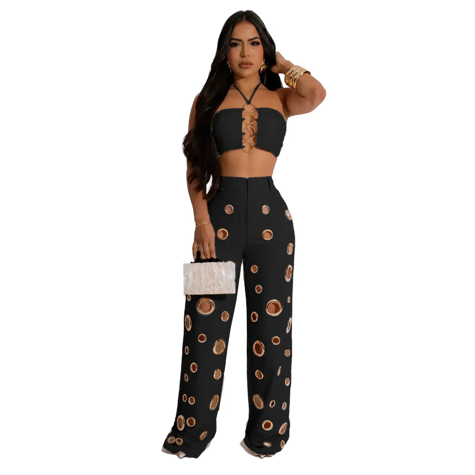 CM.YAYA Women Set Sleeveless Strapless Tops +Wide Leg Pants Two 2 Piece Set Hole Hollow Out Outfit Summer Sexy Street Tracksuit Black