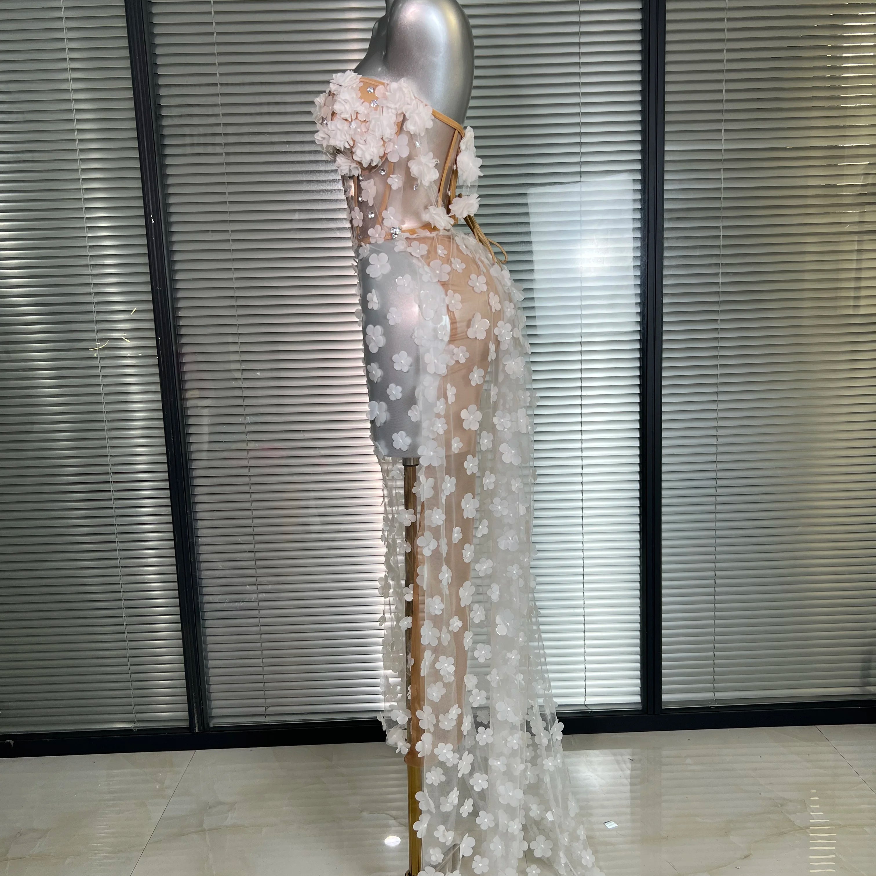 NEW Women Sexy Mesh Crystal Diamonds Maxi Dress See Through Party Singer Wedding Maxi Dress Stage Performance Costume