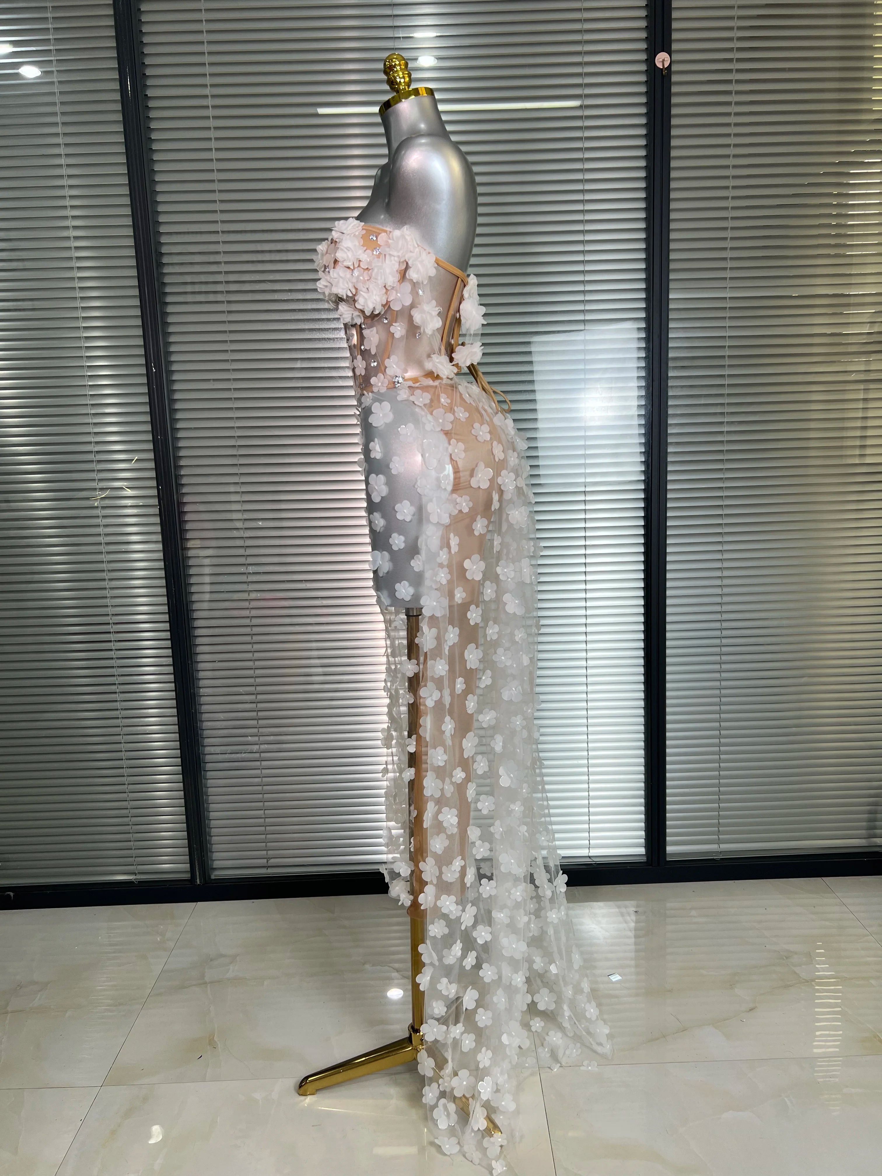 NEW Women Sexy Mesh Crystal Diamonds Maxi Dress See Through Party Singer Wedding Maxi Dress Stage Performance Costume