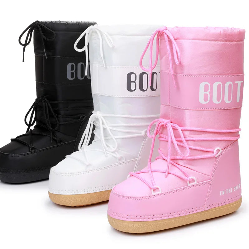 Winter Ski Boots Women Snow Boots Brand Design Lace-up Platform Waterproof Long Boots Female Pink Warm Thick Cotton Boots