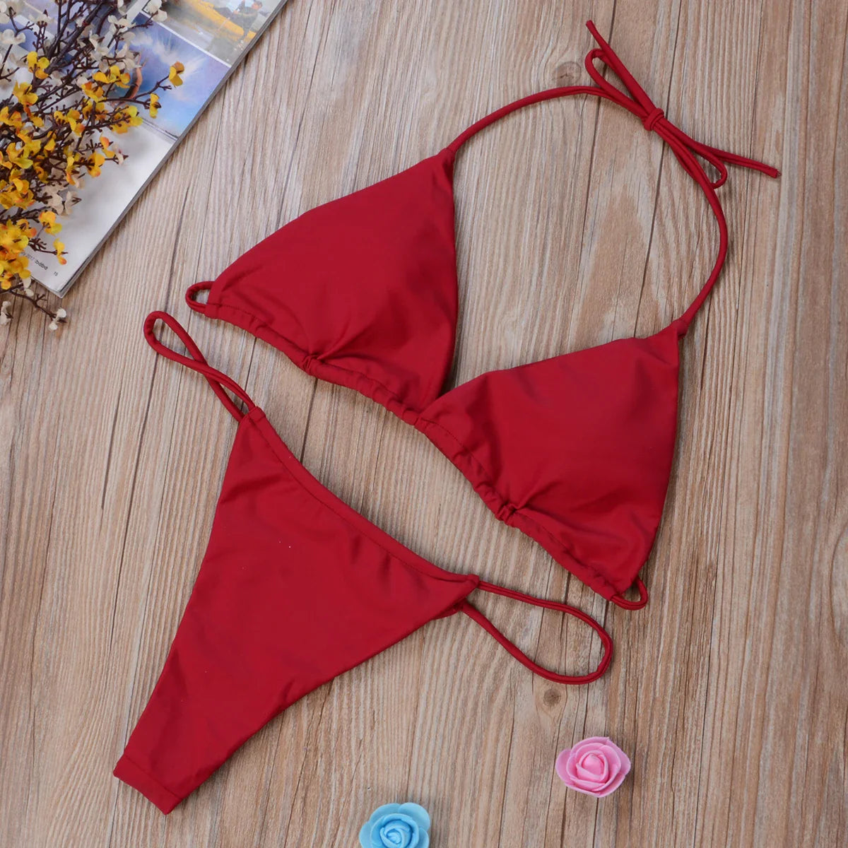 Sexy Micro Bikini Sets Thong Triangle Swimsuit Brazlian Bathing Suit Summer Solid Swimwear Biquini Swimming Pool Beachwear 2023 Red Wine