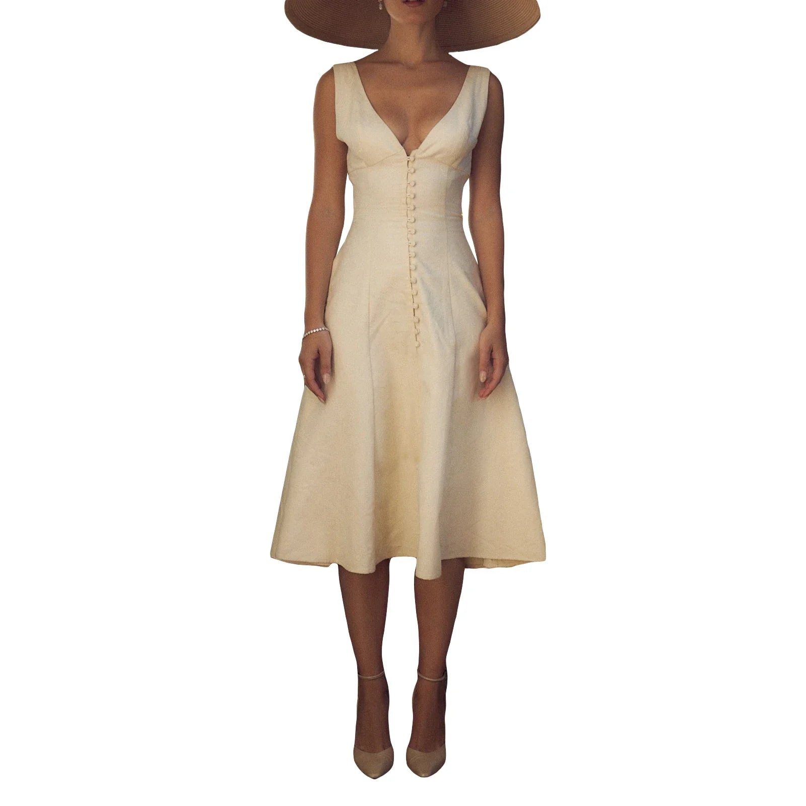 Women’s V Neck Tank Dress Low Cut Front Button A-line High Waist Backless Knee Length Dress for Party Club Wedding Night WHITE