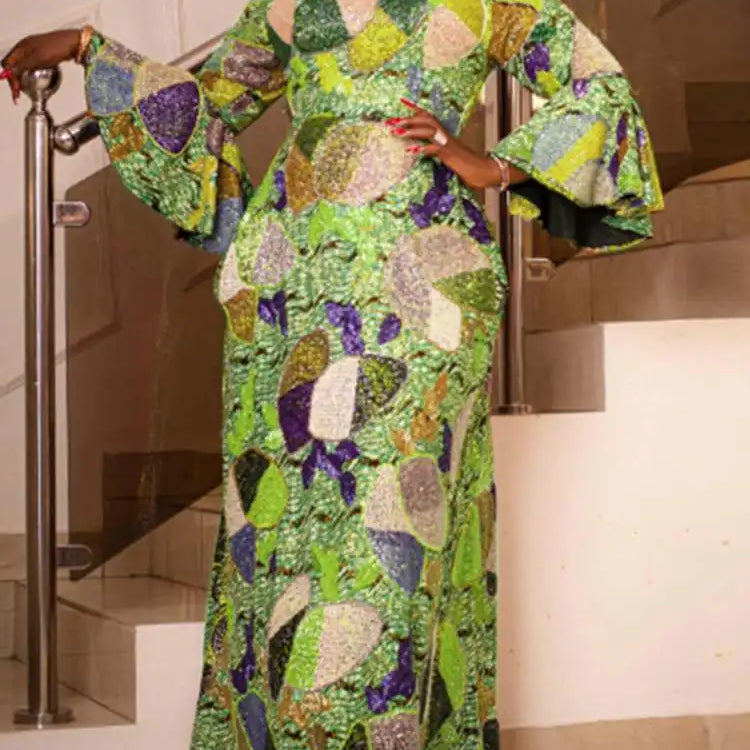 Plus Size 5XL Elegant Women Maxi Dress Autumn Long Flare Sleeve Casual Printed Elegant Long Shirt Sundress Party Vestidos Yellow