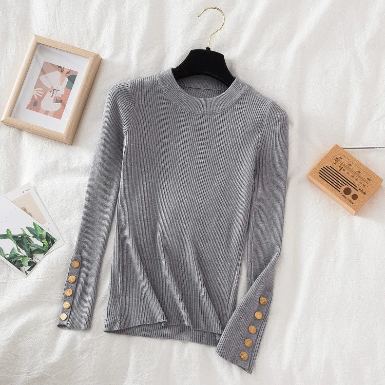 Thick Sweater Pullovers Long Sleeve Tops Women Autumn Winter Clothes Slim Knit Soft Jumper Streetwear Button Turtleneck Sweater grey-2 One Size