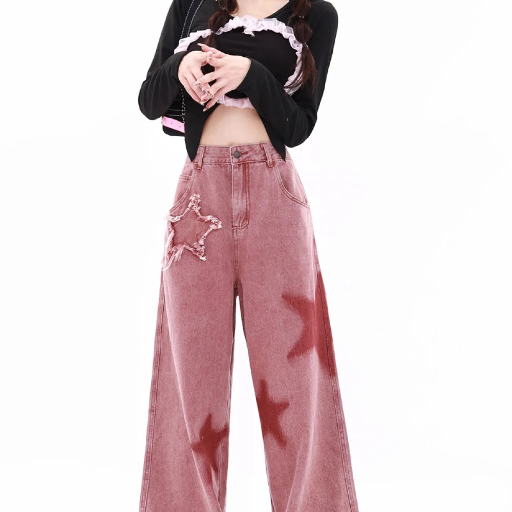 Embroidery Star Jeans for Women Autumn New In Corset High Waist Jeans Pants for Women Straight Pink Winter Wide Pants Women Y2K