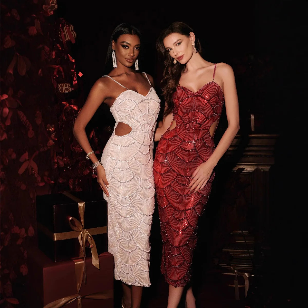 STOCK New Arrival Shining Sequins Beading Hollow Out Spaghetti Strap Long Dress Woman Birthday Party Dress Sweet Dateing Outfit