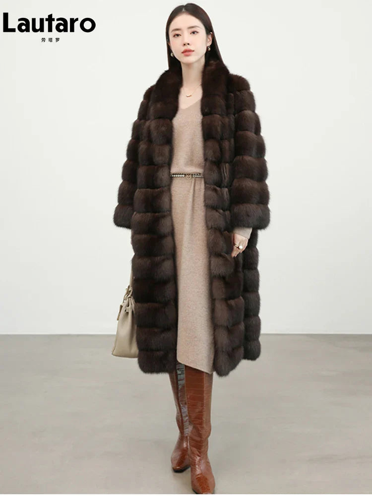 Autumn Winter Elegant Luxury Chic Long Thick Warm Faux Sable Fur Coat Women Shawl Collar High Quality Fluffy Overcoat