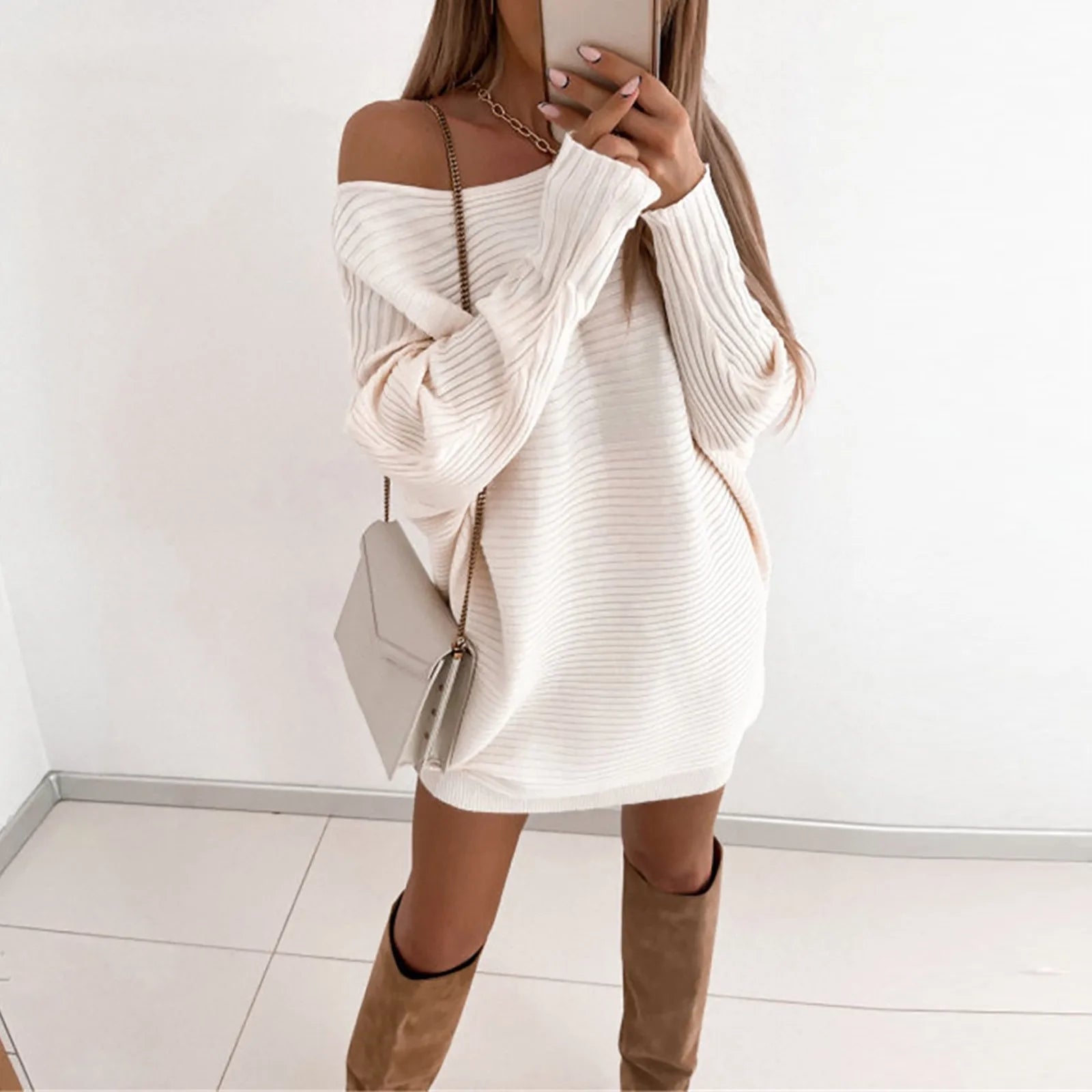 Spring And Autumn Women's Dress Loose Crewneck Off Shoulder Pullover Dress Fashion Solid Colour Commuter Knitted Sweater Dress White