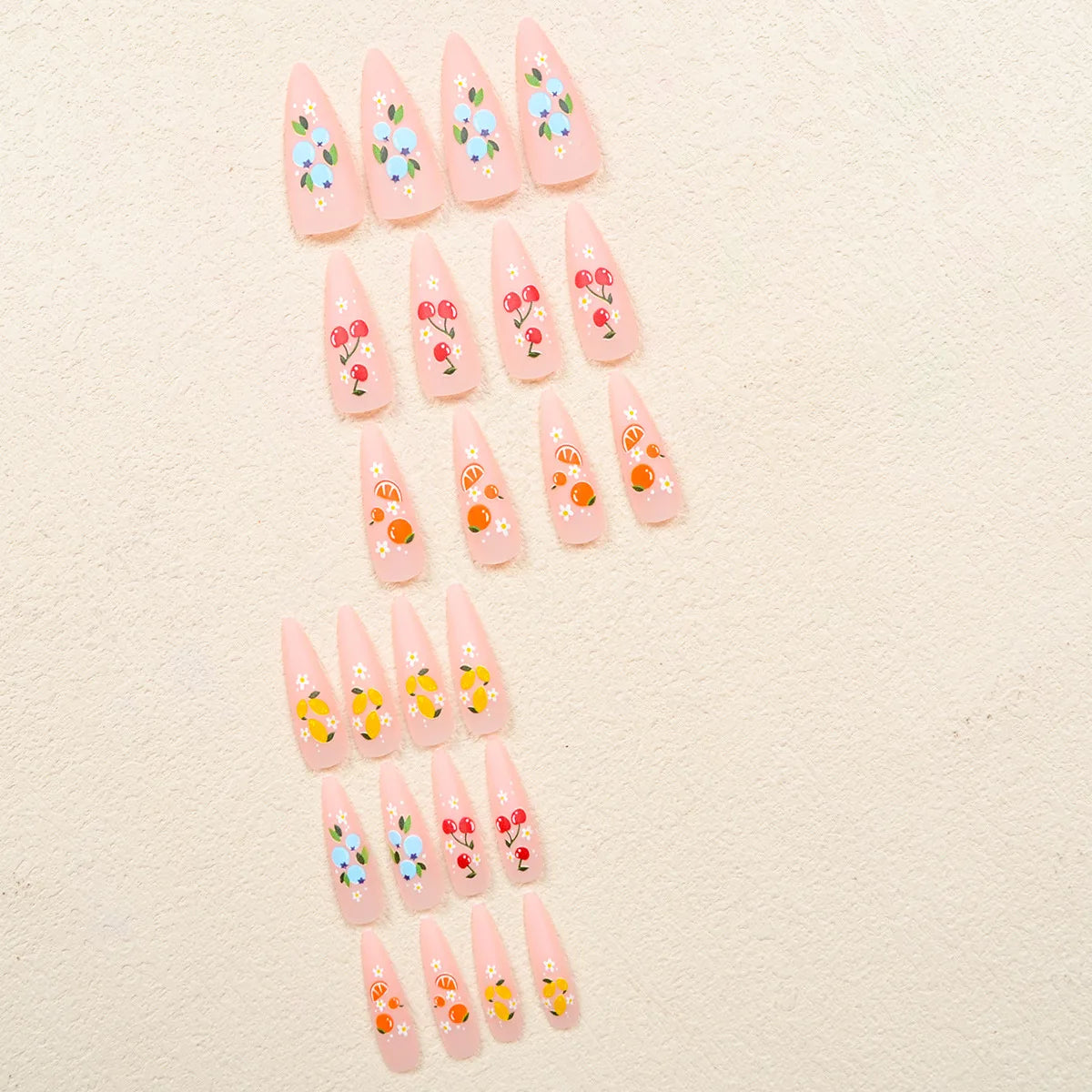 24pcs Pink Frosted Sweet False Nails Colorful Fruit Printed Long Stiletto Press On Nails Full Cover Charming Dopamine Fake Nail