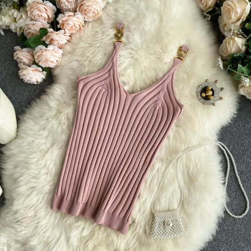V-neck Halter Sexy Camisole Top 2022 Summer Women Sexy off-Shoulder Solid Color Sleeveless Camis Women's Clothing Tanks Tops Pink One Size