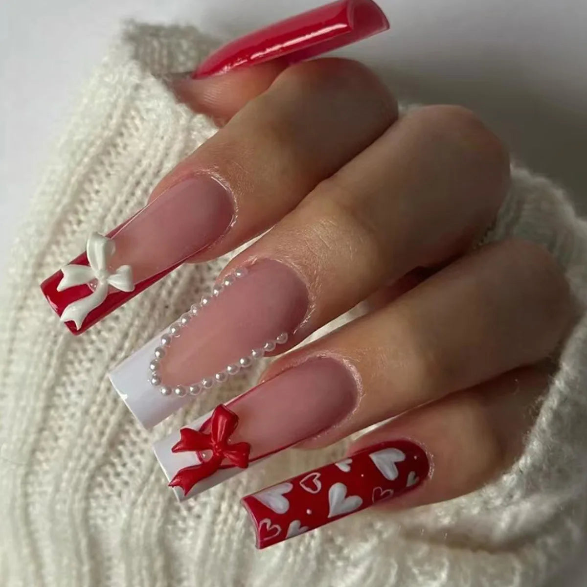 24Pcs 3D Bow Pearl Heart Design Nails Set Press on White French Reusable Fake Nails Long Square Head Full Cover False Nails Tips