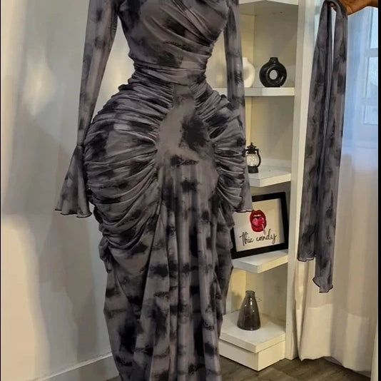 CM.YAYA Women Tie Dye Printed Skew Neck Flare Long Sleeve Ruched Stacked Maxi Long Dress 2025 Summer Birthday Sexy Party Dresses