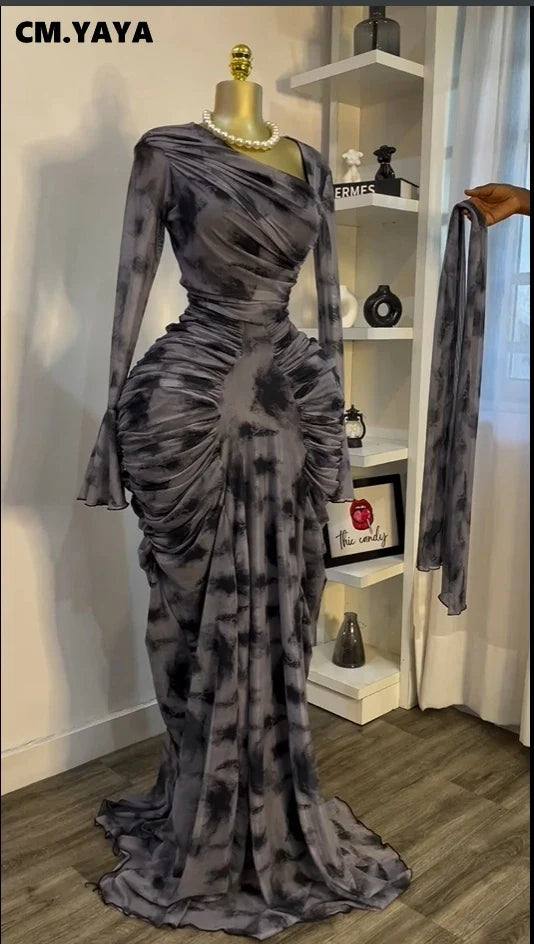 CM.YAYA Women Tie Dye Printed Skew Neck Flare Long Sleeve Ruched Stacked Maxi Long Dress 2025 Summer Birthday Sexy Party Dresses