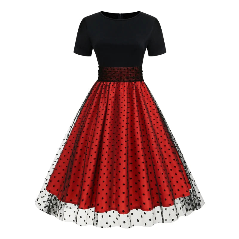 Tonval Round Neck Ruched High Waist Vintage Dot Mesh Overlay Pleated Dress Women Short Sleeve Evening Elegant Party Midi Dresses Red