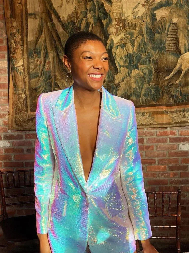 HIGH STREET Newest Designer Runway Suit Set Women's Single Button Glitter Sequined Blazer Shorts Set