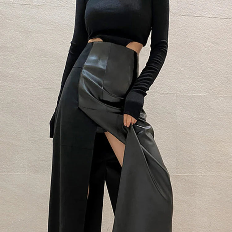 Spring Autumn Long Sexy Patchwork Pu Leather Midi Skirt Women with Slit High Waist 2024 Luxury Designer Clothes Fashion Black
