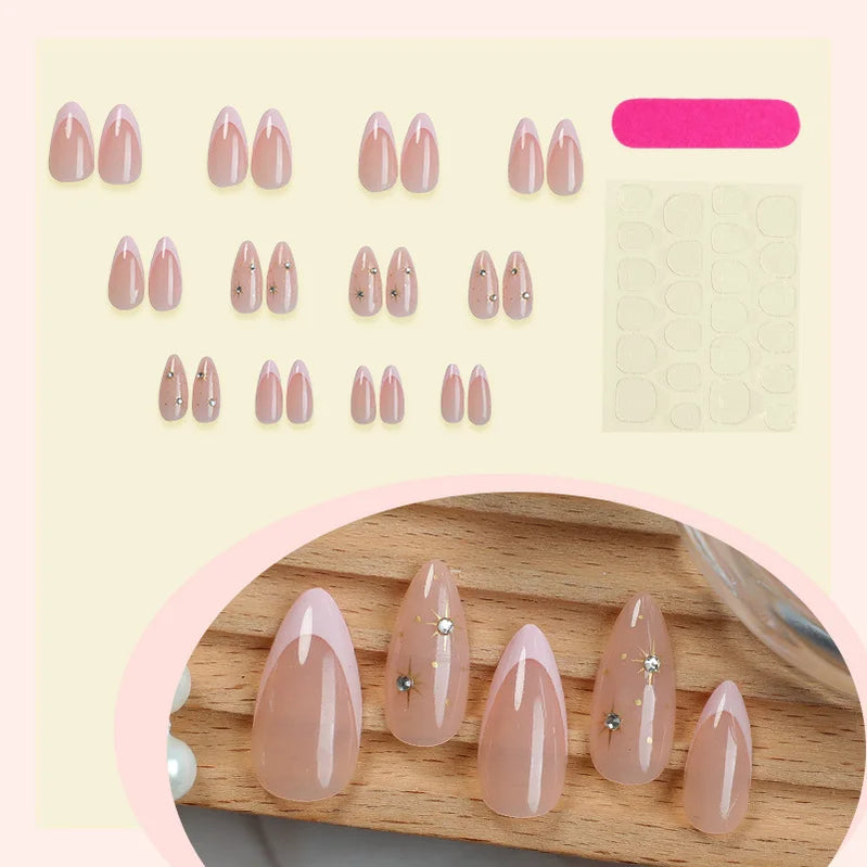 24pcs Starry Almond Simple Bare Pearl Powder Dot Diamond Press on Nails French Fake Nails Full Cover Wearable False Nails