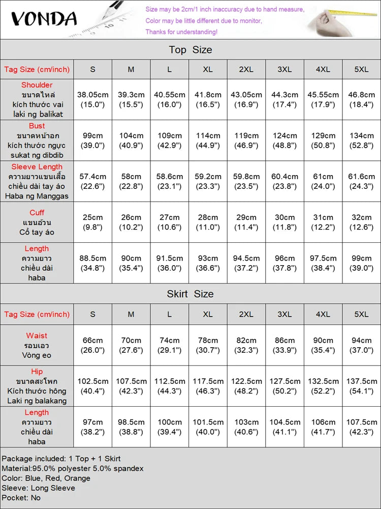 Plus Size 5XL VONDA Women Sets 2024 Bohemian Printed Outfits Elegant Long Sleeve Top+Half Skirt Two-Piece Sets Casual Loose Suit