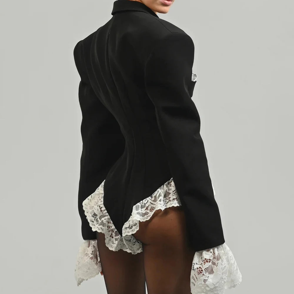 TWOTWINSTYLE Colorblock Spliced Lace Jumpsuits For Women Lapel Long Sleeve Tunic Patchwork Button Slimming Chic Jumpsuit Female