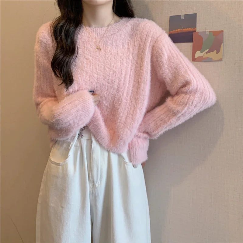 Fuzzy Mohair Sweater for Women Fluffy Long Sleeve Crew Neck Rib Knitted Pullover Plain Jumper Soft Girl Autumn Winter Outfit Pink One Size