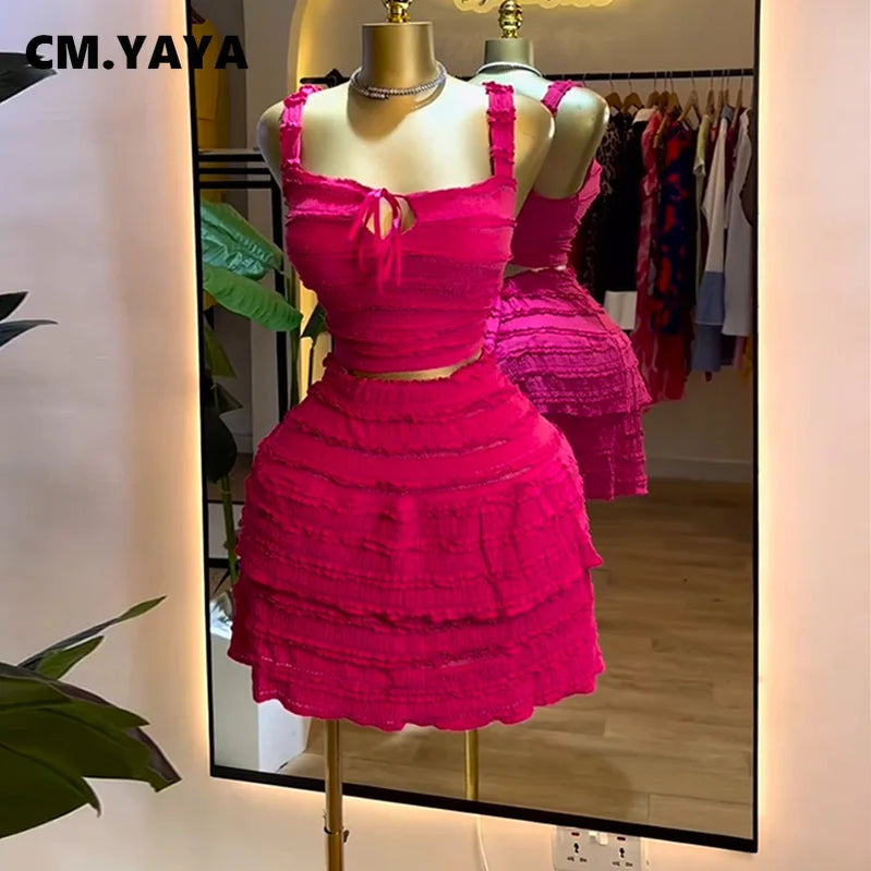 CM.YAYA Beach Boho Women's Set Strap Sleeveless Tank Top and Ruched Mini A-line Skirts Two 2 Piece Sets 2025 Summer Outfits