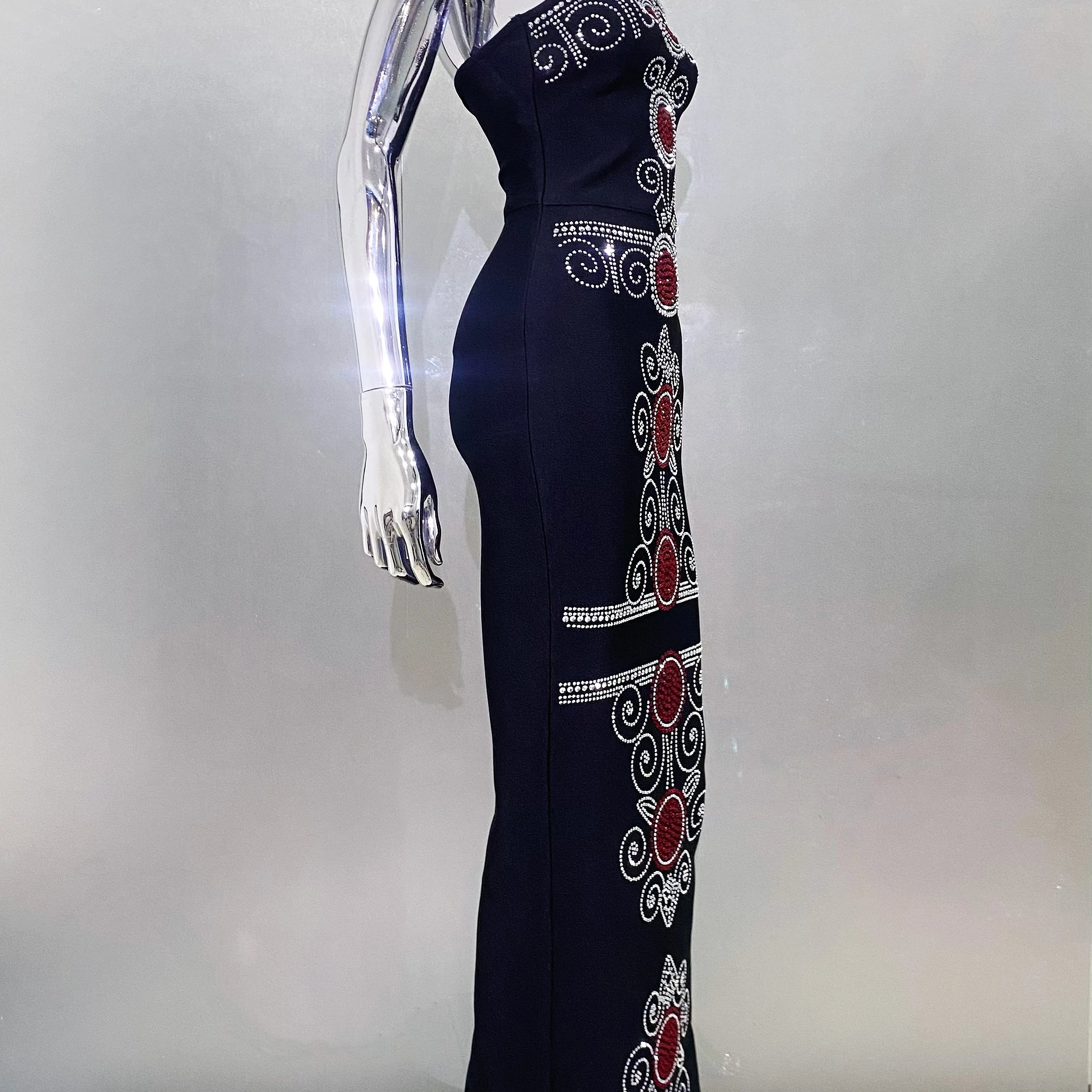 Top Women Sexy Strapless Colorful Rhinestones Bodycon Bandage Long Dress Celebrate Evening Party Birthday Outfit Vestido