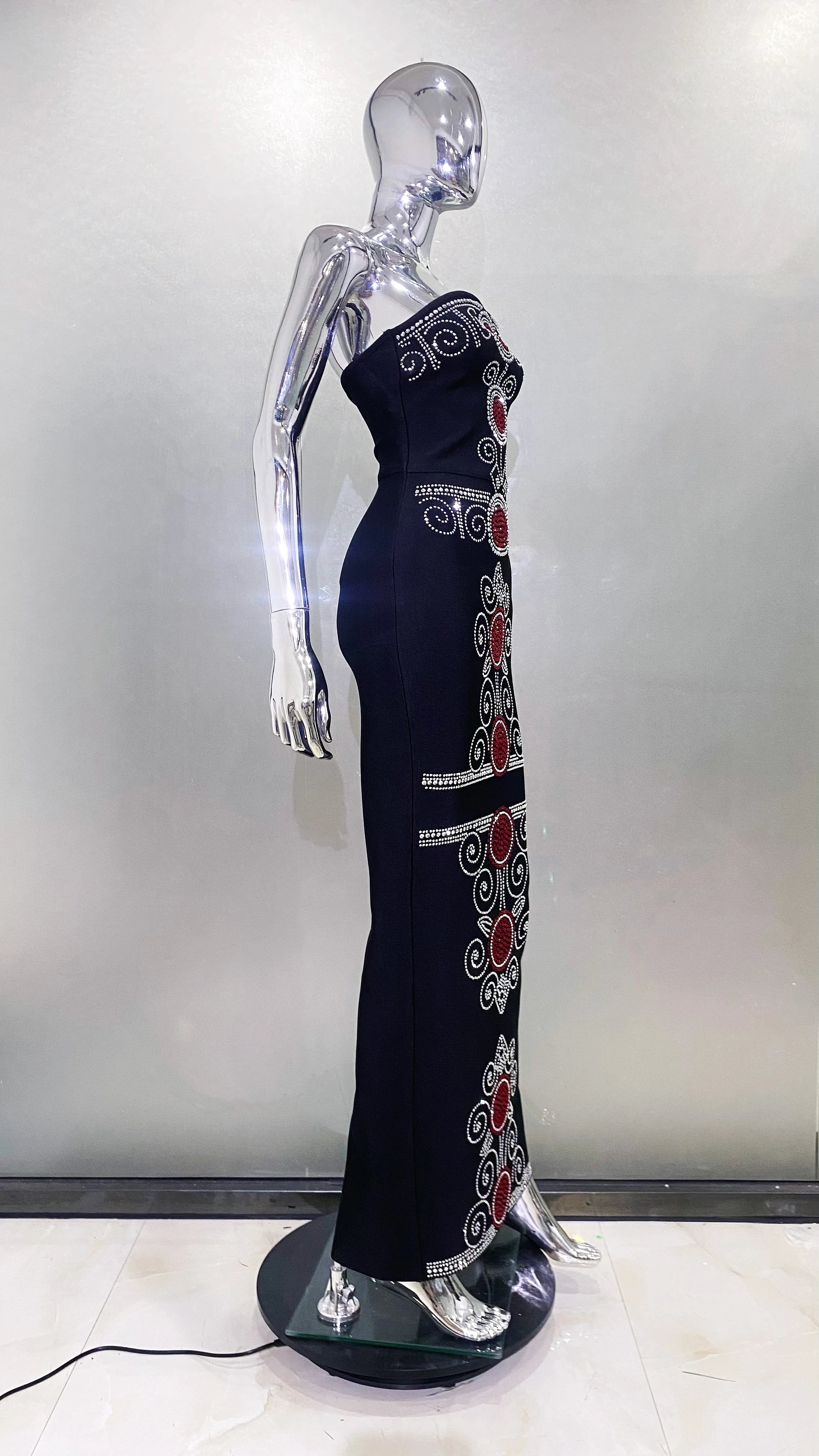 Top Women Sexy Strapless Colorful Rhinestones Bodycon Bandage Long Dress Celebrate Evening Party Birthday Outfit Vestido