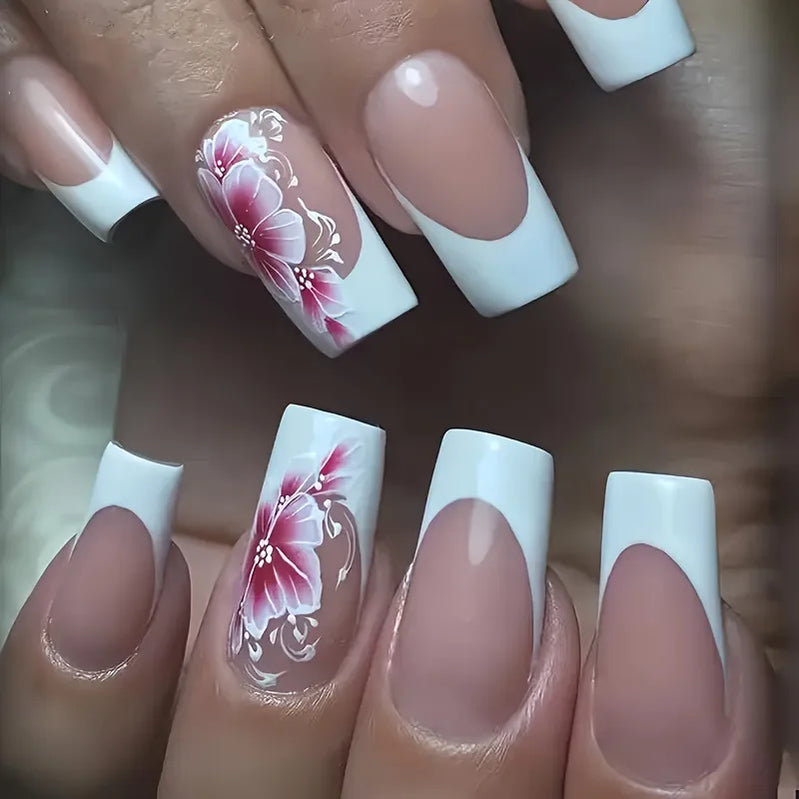 Mid-length Coffin Fake Nails 24Pcs White French Tip Ballerina Press On Nail Pink/White Flower Printed Spring/Summer DIY Manicure