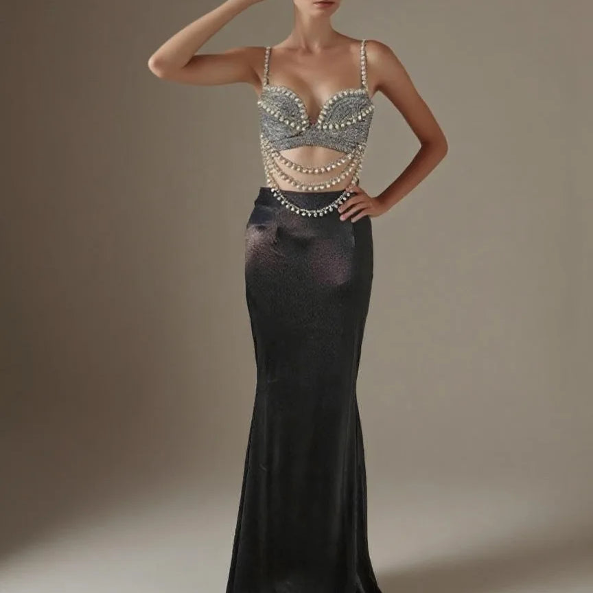 Summer Women Sexy Shinning Crystal Tops 2 Pieces Bodycon Long Dress Elegant Evening Birthday Party Cocktail Outfit