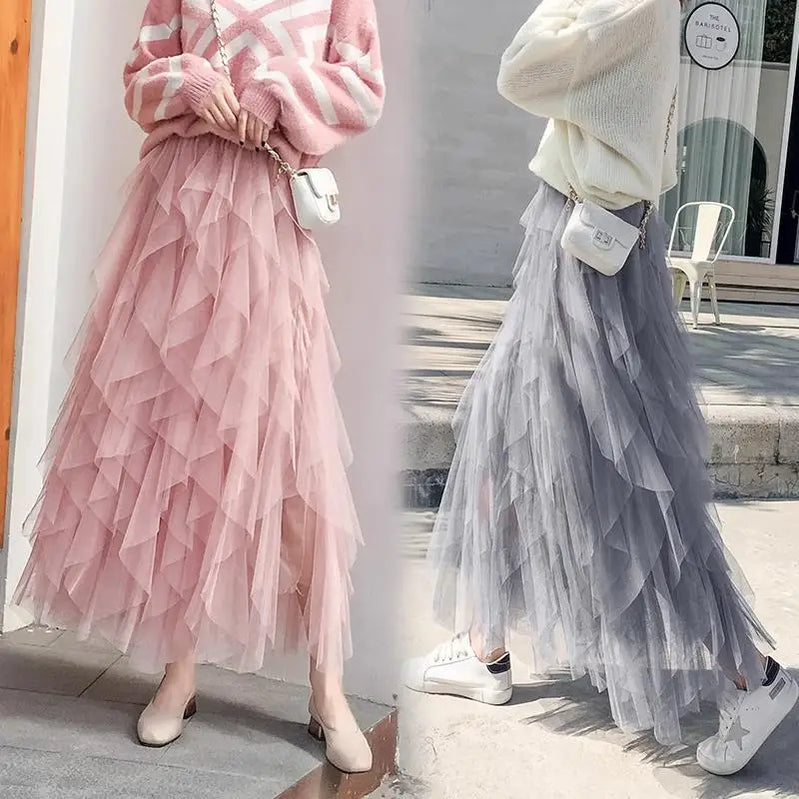 Long Maxi Skirt Women Fashion Korean Cute Pink High Waist Pleated Skirt Mesh Female Lady Aesthetic Faldas