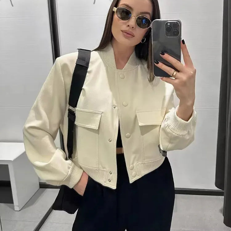Women Fashion With Pockets Bomber Jacket Coats Vintage Long Sleeve Front Button Casual Female Outerwear Chic Tops
