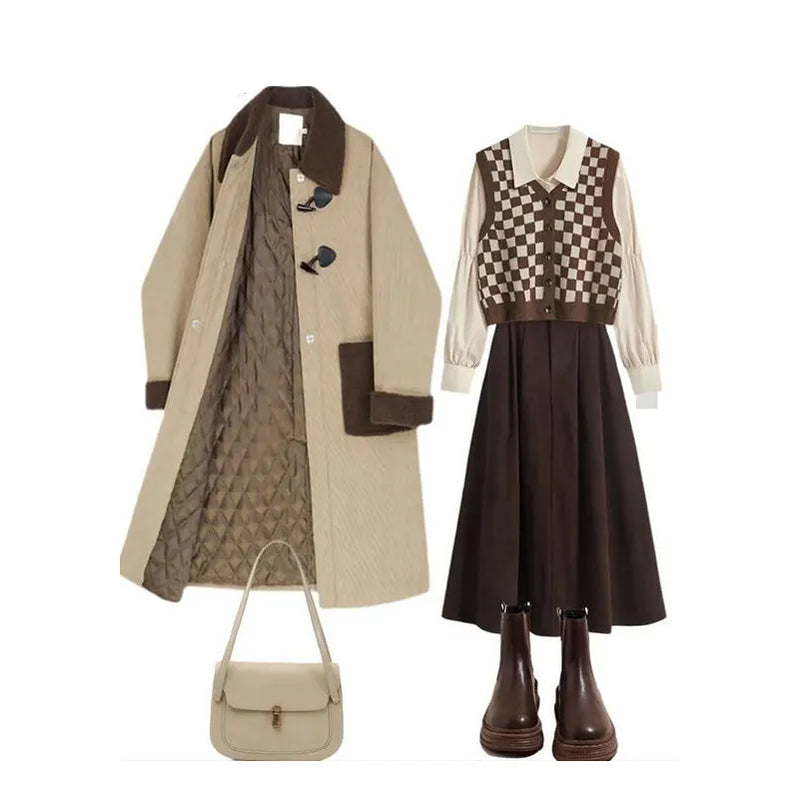Autumn and Winter Women Set Vintage Plaid Vest Shirt Half Length British Style Coat Three Piece Set/single Piece