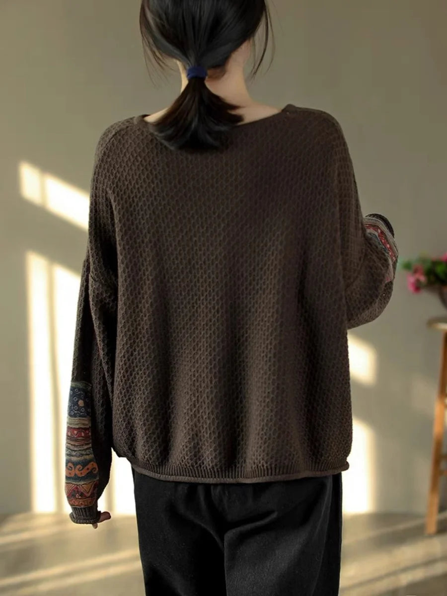 Vintage Print Patchwork Sweater Spring Fall Fashion Women's Loose Casual Long Sleeve Knitting Pullovers Female Elegance Knitwear
